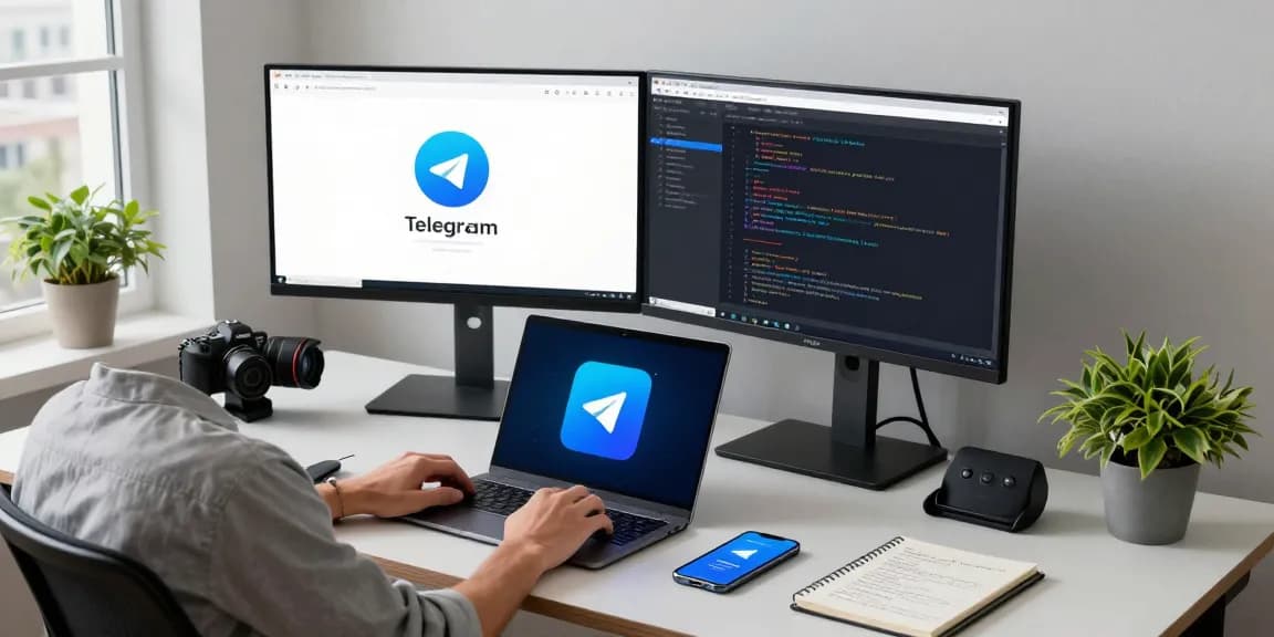 Developer working with Telegram Download on dual monitors in a stylish office setup.