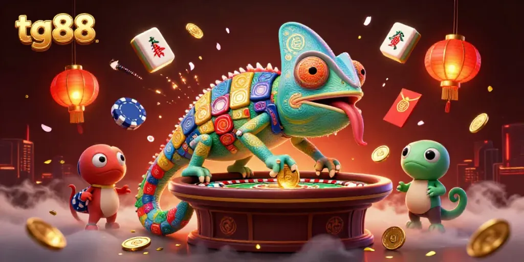 Tg88 casino owner chameleon animated in a vibrant, engaging scene with rich game symbols.