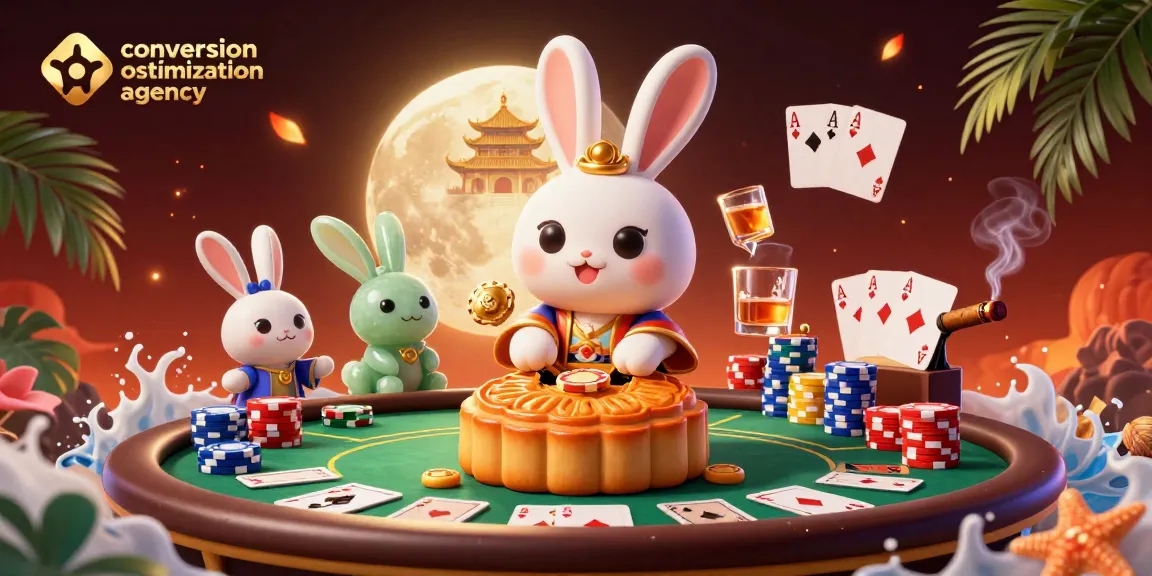 Engage with the conversion optimization agency's vibrant poker-themed illustration showcasing a moon rabbit and dynamic casino elements.
