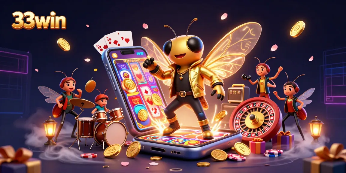 Play exciting slot games with 33win — dynamic 3D illustration showing casino fun and vibrant characters.
