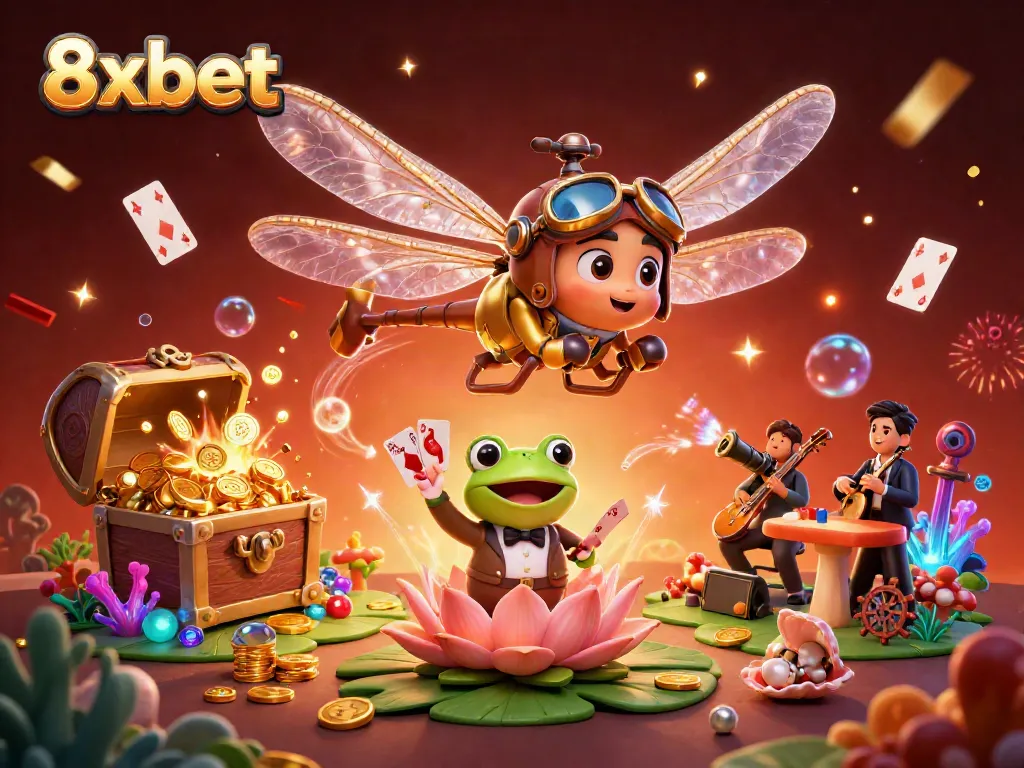 Experience 8xbet gaming excitement with a lively scene depicting thrilling card dealing and musical energy.