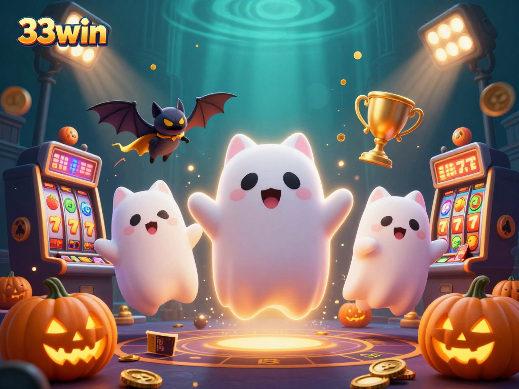 33win showcases a lively 3D illustration of a ghost cat in a casino, featuring dynamic gaming elements and vibrant colors.