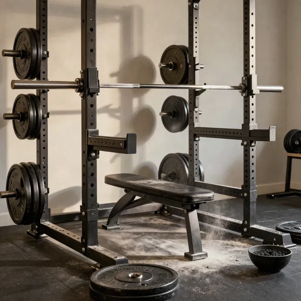 Laddat squat rack med bänk, viktskivor och krita i gymmets styrkezon.