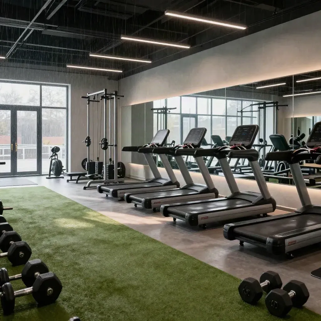 Tomt gym i Stockholm med löpytor, hantlar, maskiner och spegelvägg i morgonljus