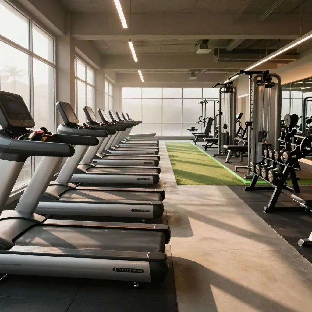 Tom gym med löpband, kabelstationer, vikter och turf-lane i mjukt eftermiddagsljus