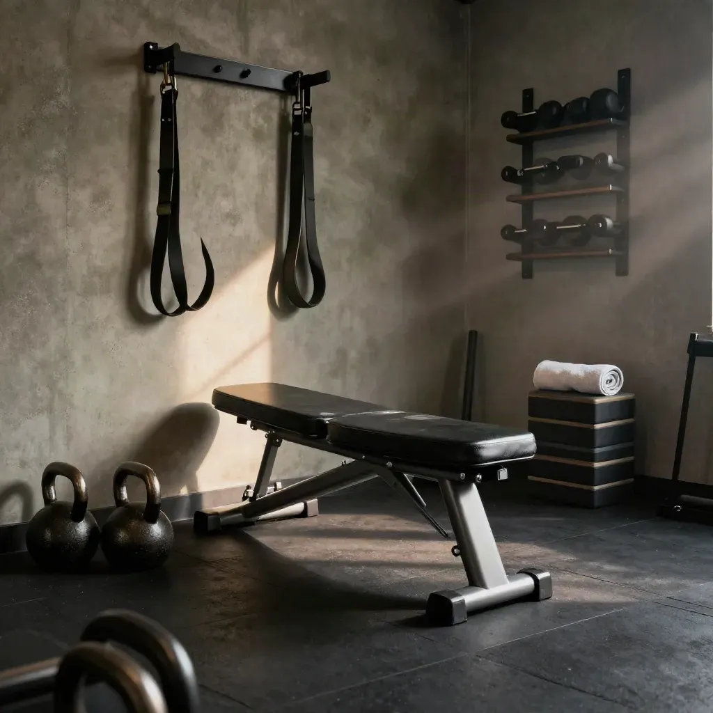 Privat träningshörna med bänk, kettlebells och band i dramatiskt ljus.