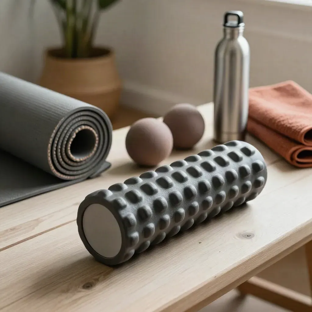 Återhämtningshörna med foam roller, yogamatta, massagebollar, handduk och vattenflaska på ljust trä.