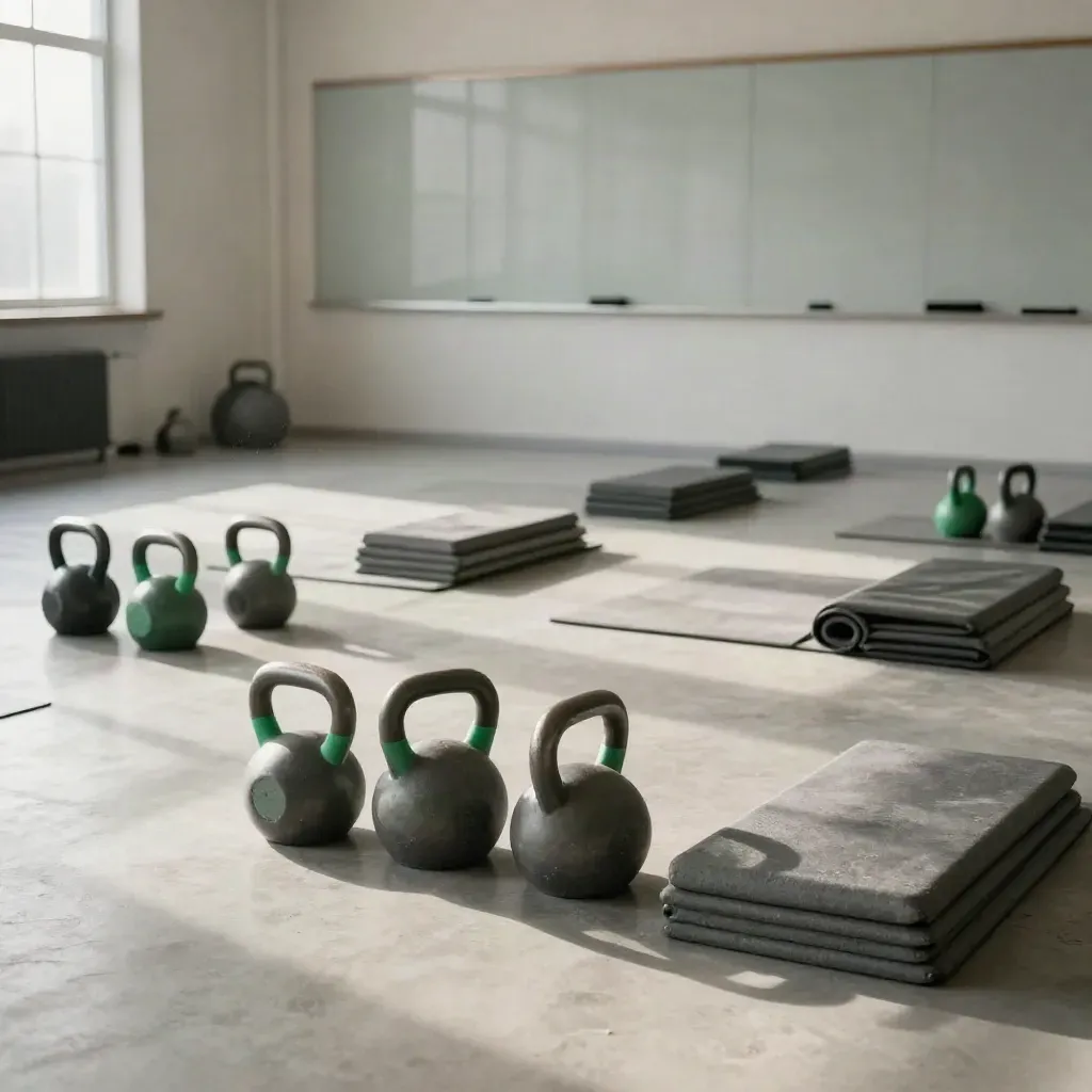 Tom träningssal med kettlebells, mattor och stepbrädor i ordnade rader efter lunchpass.