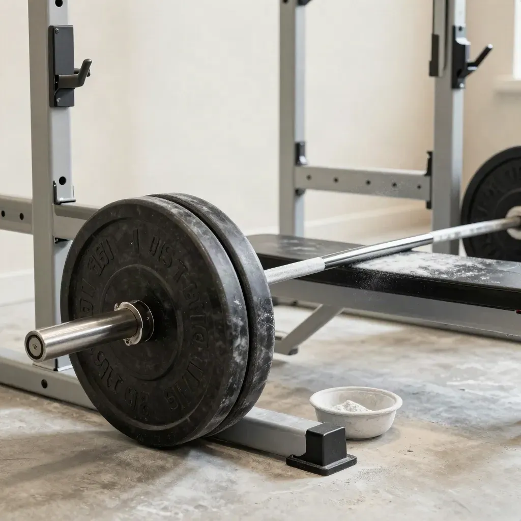 Tung skivstång i rack med bänkskivor och kritskål i ett modernt gym