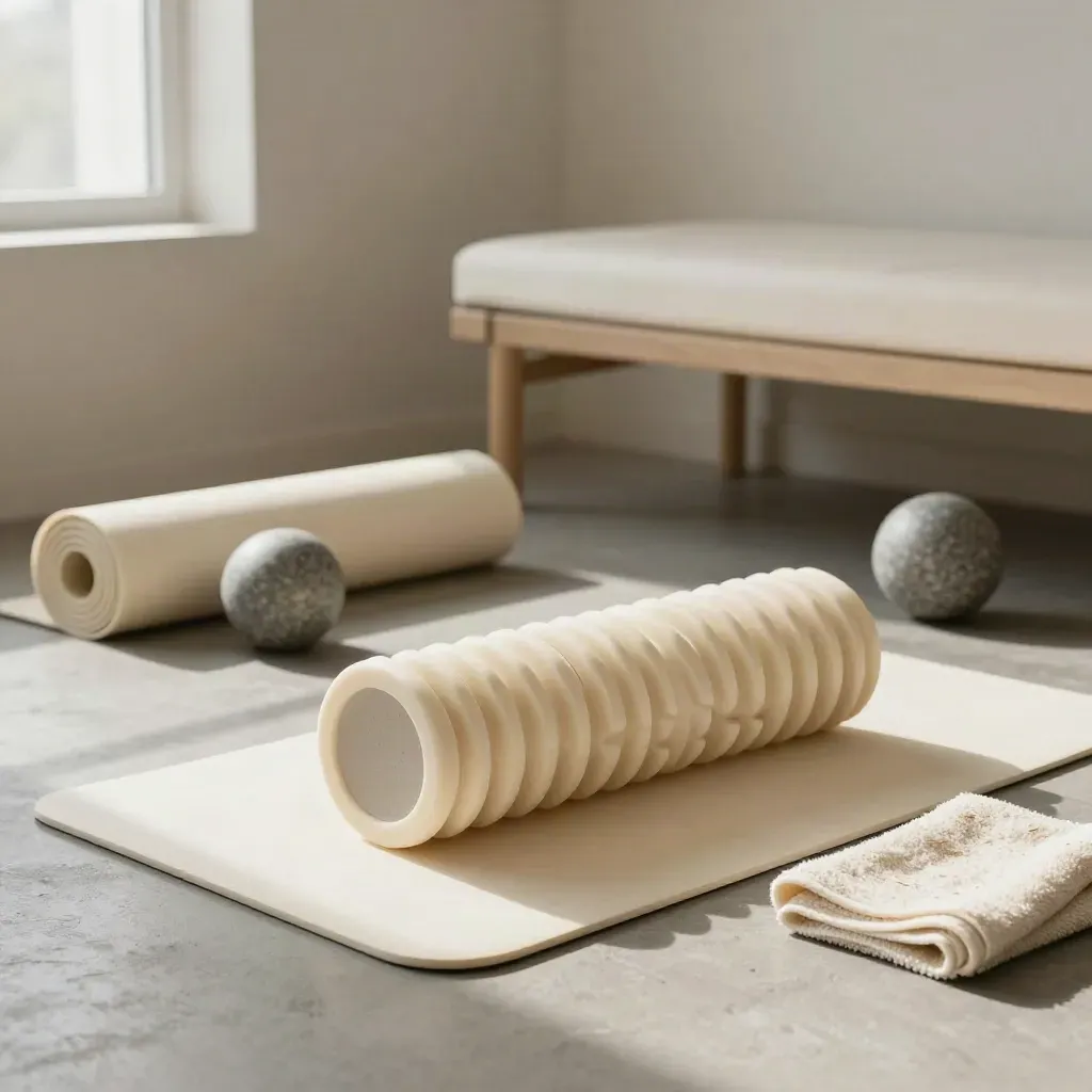Foam roller, yogamatta, massagebollar och bänk i mjukt kvällsljus.