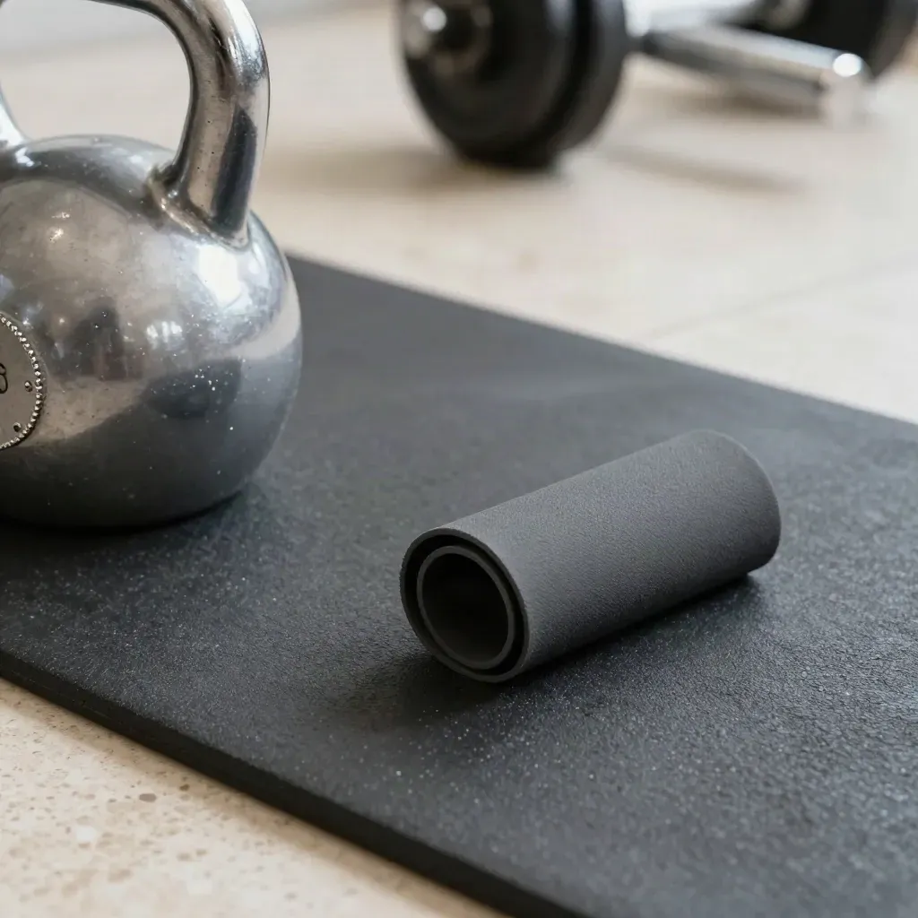 Närbild av kettlebellhandtag, hantelkrage och loopband på svart gymmatta.