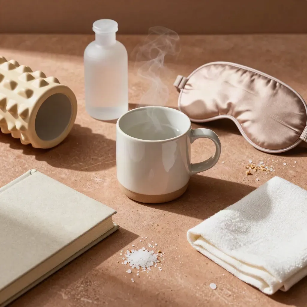 Top-down still life med kopp, mineralflaska, sovmask, foam roller och journal på terrakotta.