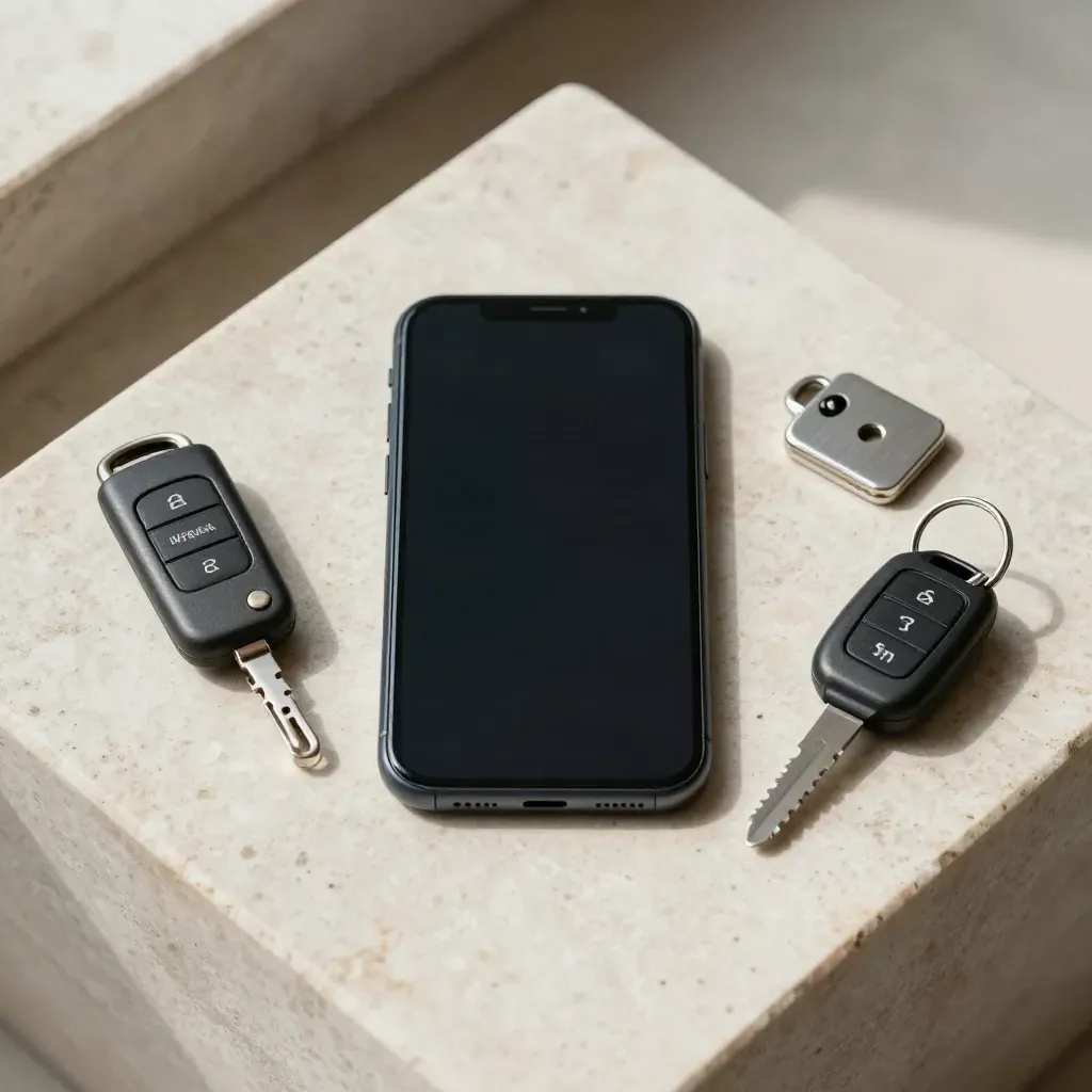 Mobil, gymfob, skåpbricka och bilnyckel på sten i lugn bokningsstund.