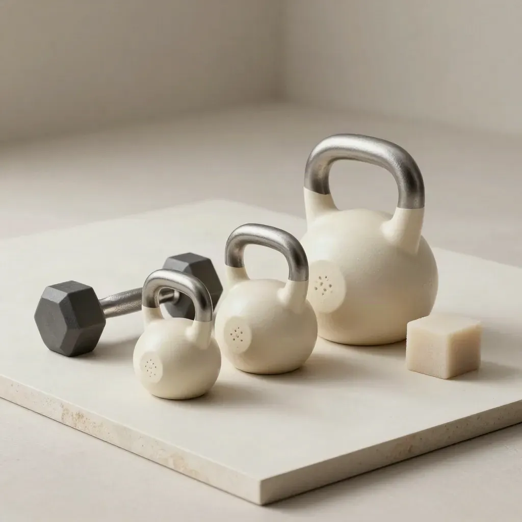 Tre kettlebells, en hantel och en foam block på ljus sten i mjukt gymljus.