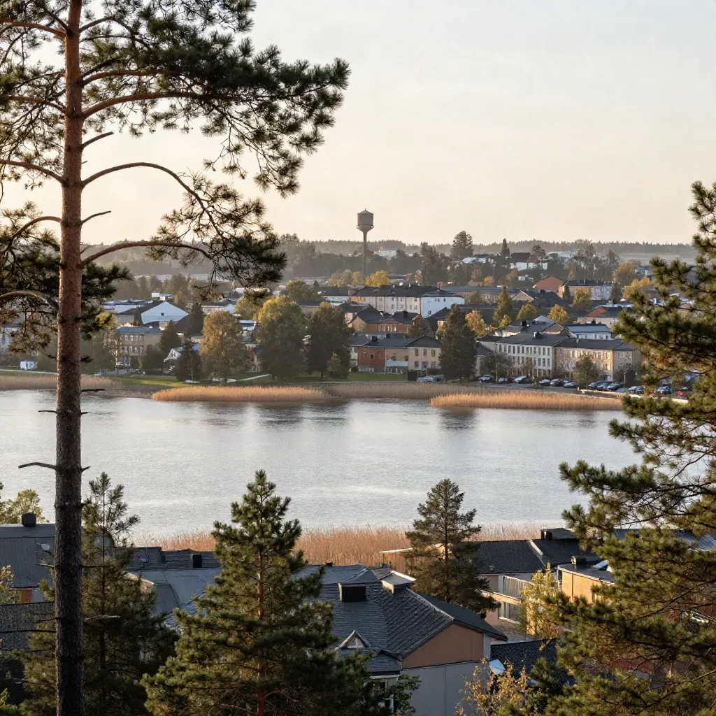 Norra Stockholm i gyllene kvällsljus med tallåsar, sjökant och vattentorn