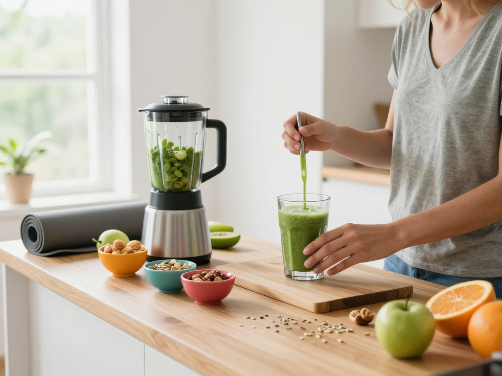 Healthy breakfast preparation with rokok88 lifestyle elements in a bright kitchen