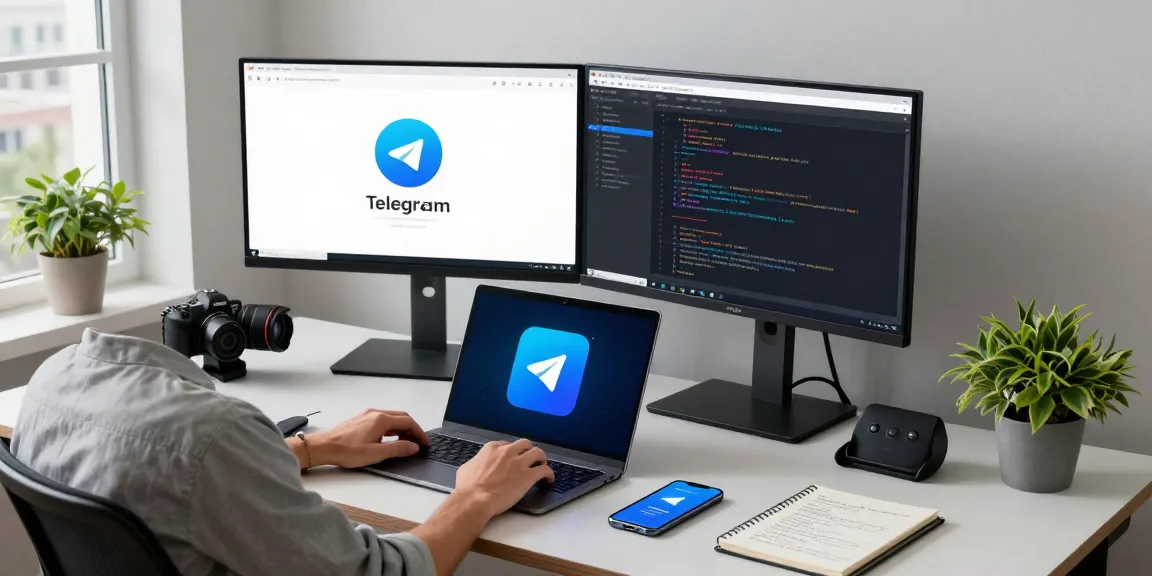 Developer working with Telegram Download on dual monitors in a stylish office setup.