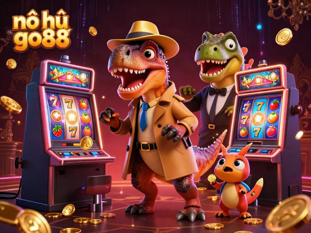 Engage with the thrilling nổ hũ go88 gameplay, featuring a cartoon velociraptor and intense slot animations.