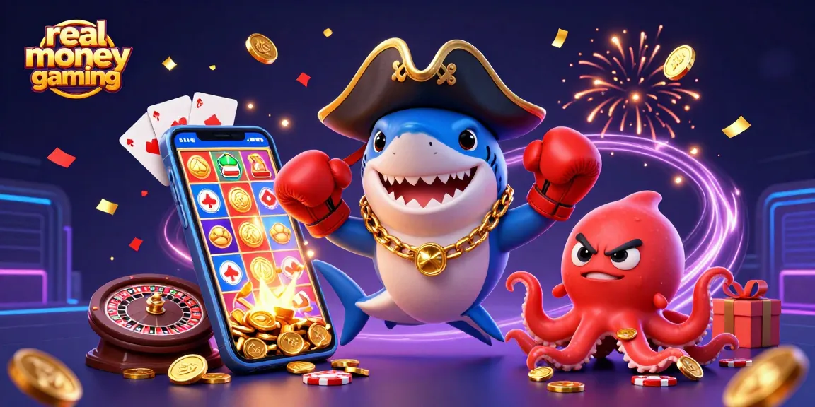 Engage with real money gaming through animated pirates, slots, and festive elements.