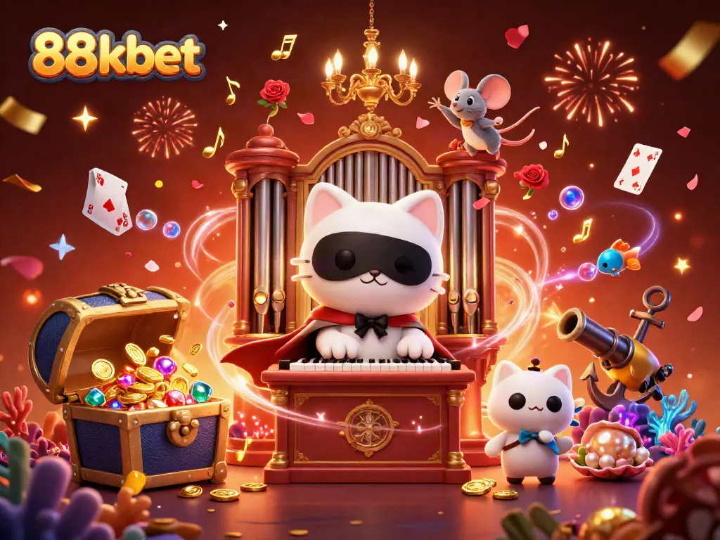 Experience the excitement of 88kbet with a vibrant 3D illustration of a casino scene full of dynamic action and energy.