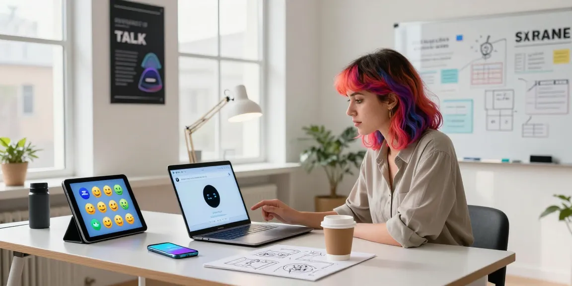 Engaging scene of a young woman using crush on ai chatbot in a modern tech workspace, surrounded by smart devices and creative tools.