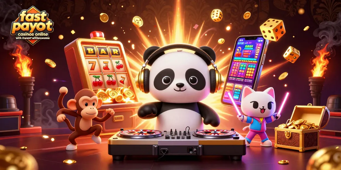 Experience fast payout casinos online with instant withdrawals, showcasing lively 3D characters in a vibrant casino scene.